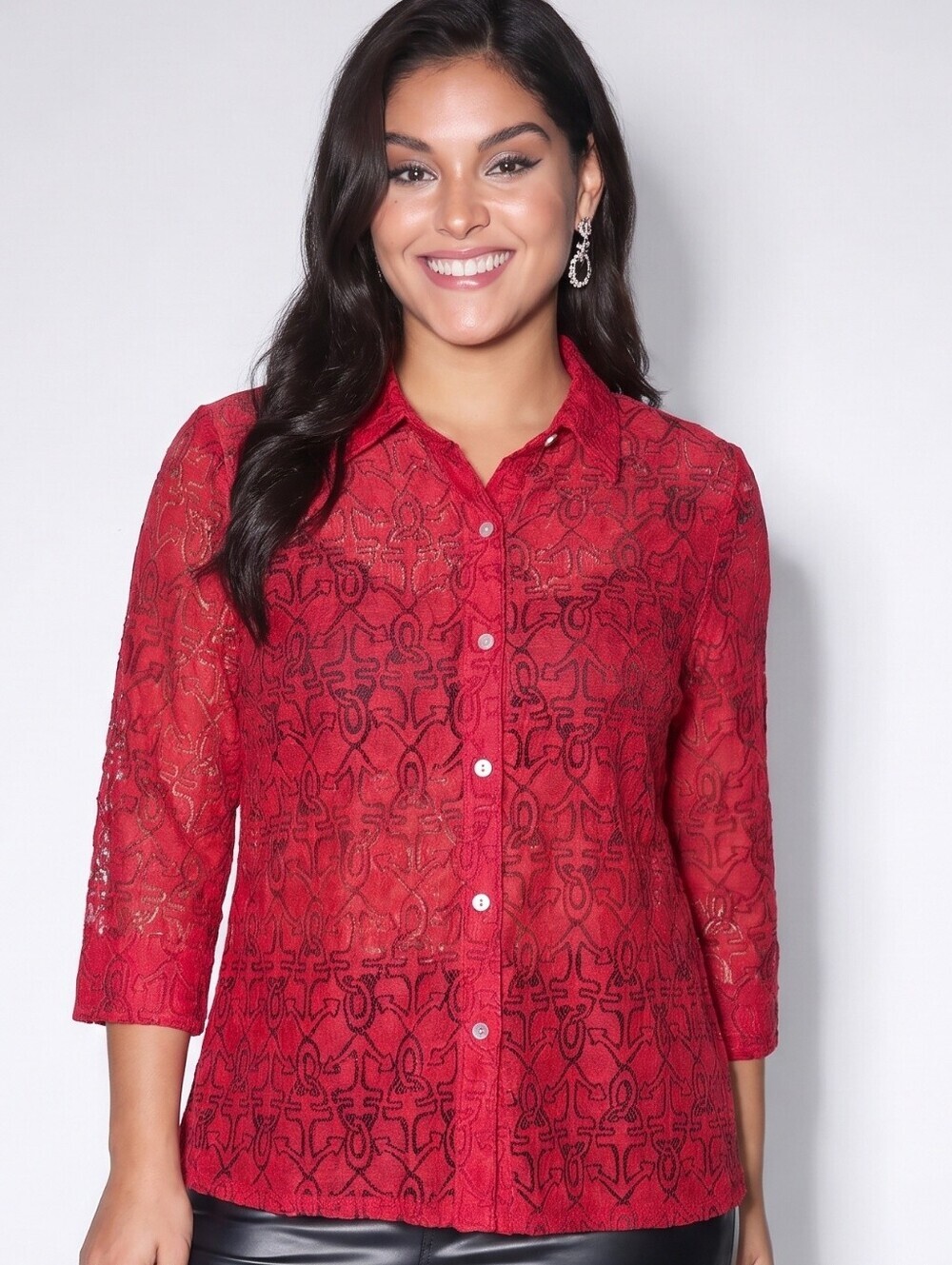 Alfred Dunner Women's Red Sheer Anchor Button Up Blouse Top 3/4 Sleeve Sz 10